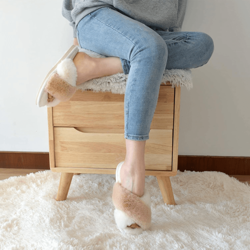 Cross Band Slippers – Soft Faux Fur Open Toe Slippers - Cloud Cushion Slides
