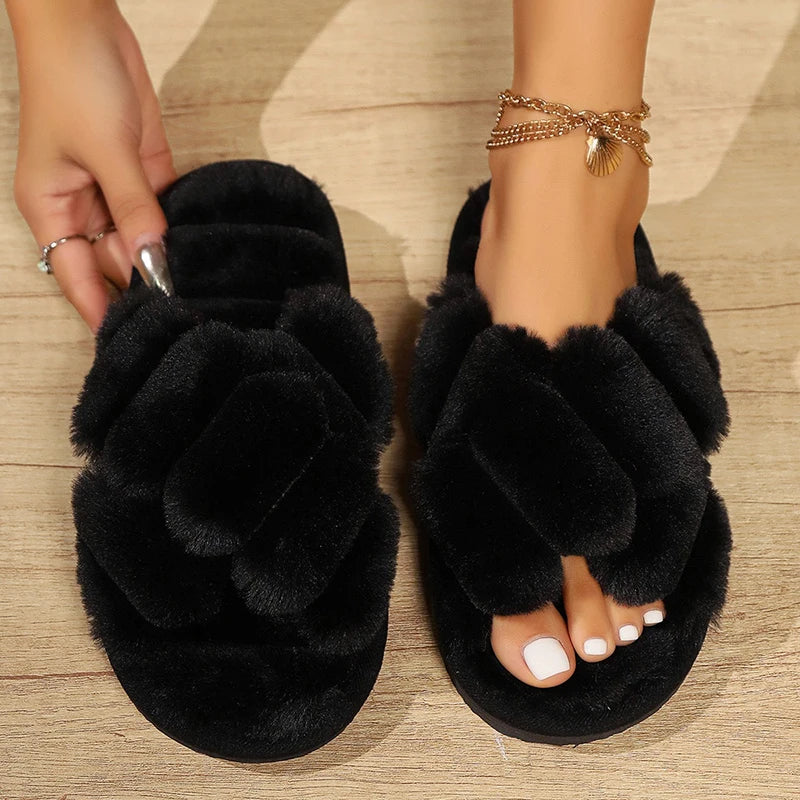 Plush Slippers Crisscross Design And Faux Fur Comfort
