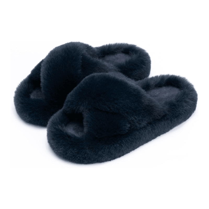 Faux Fur Cross Band Slippers – Elegant Design with Cozy Comfort - Cloud Cushion Slides