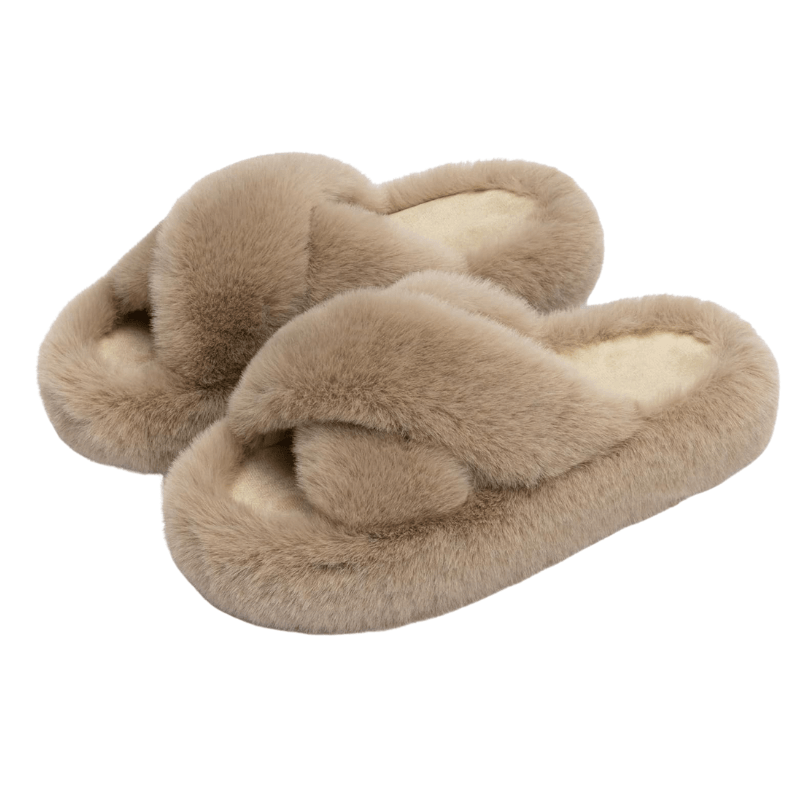 Faux Fur Cross Band Slippers – Elegant Design with Cozy Comfort - Cloud Cushion Slides