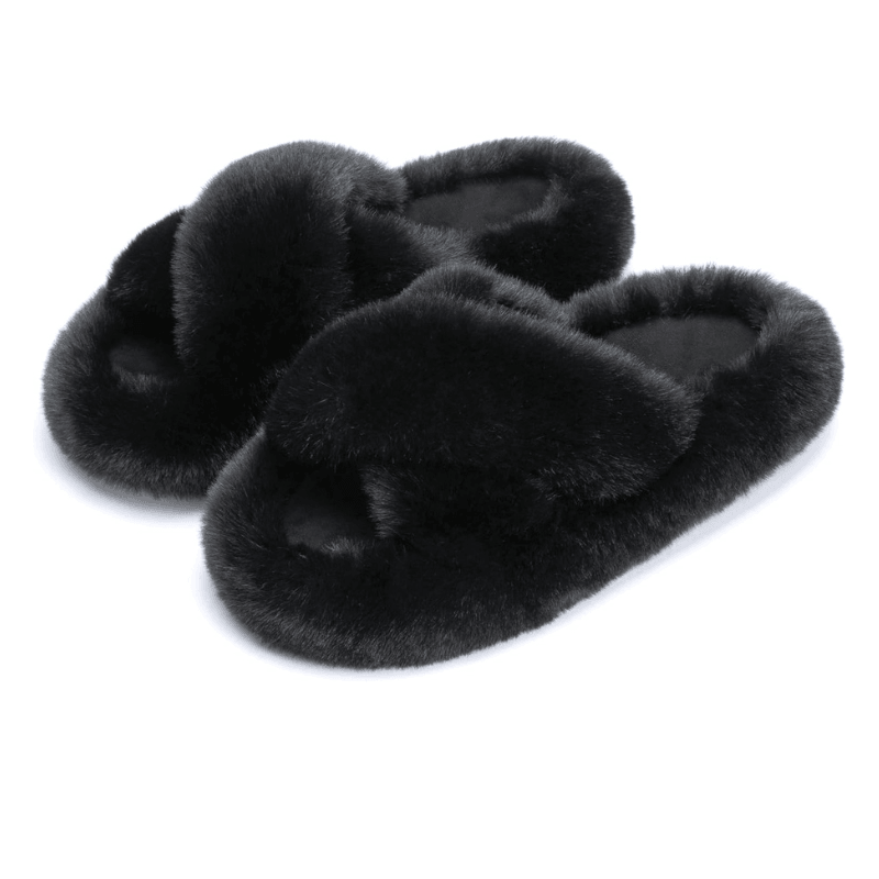 Faux Fur Cross Band Slippers – Elegant Design with Cozy Comfort - Cloud Cushion Slides