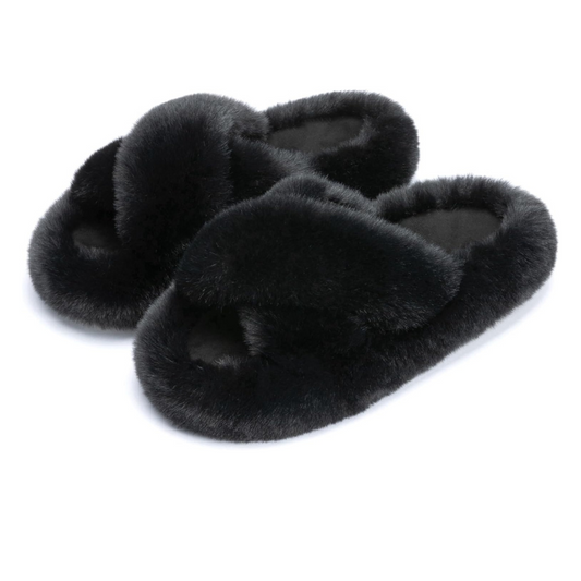 Classic Faux Fur Cross Band Open Toe Slippers