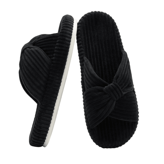 Corduroy Bow Open Toe Slippers – Soft Comfort for Everyday Wear