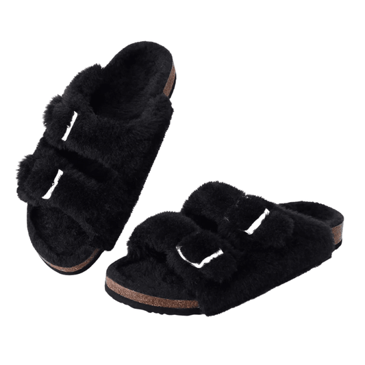 Double Strap Fuzzy Slippers – Adjustable Open Toe Comfort