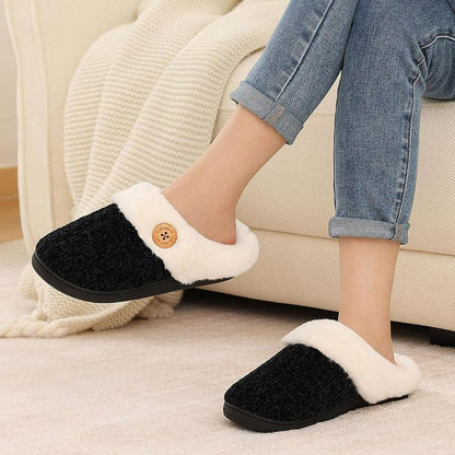 Comfy Knit Buttoned Slippers - Anti Slip Sole and Warm Interior - Cloud Cushion Slides