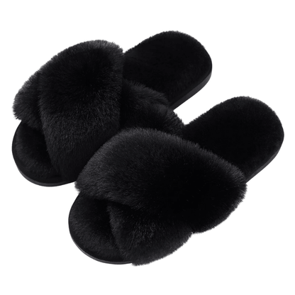 Fluffy Cross Band Slippers – Plush Comfort with Stylish Flair - Cloud Cushion Slides