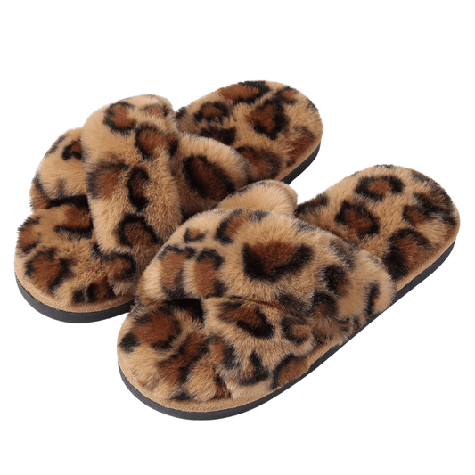 Leopard Print Crossband Slippers – Open Toe with Plush Comfort