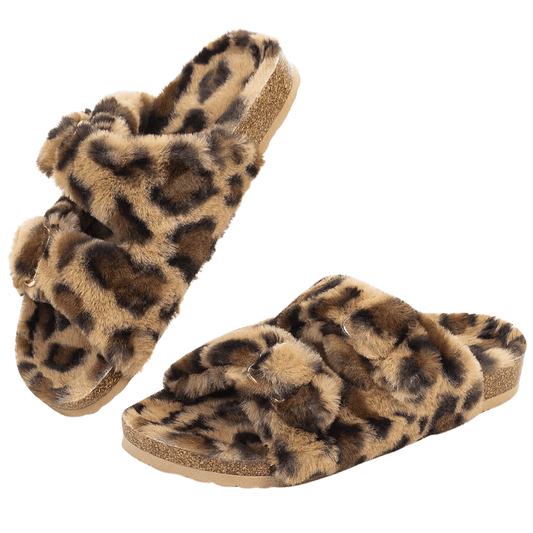 Faux Fur Leopard Print Slippers – Cozy Comfort with Bold Style