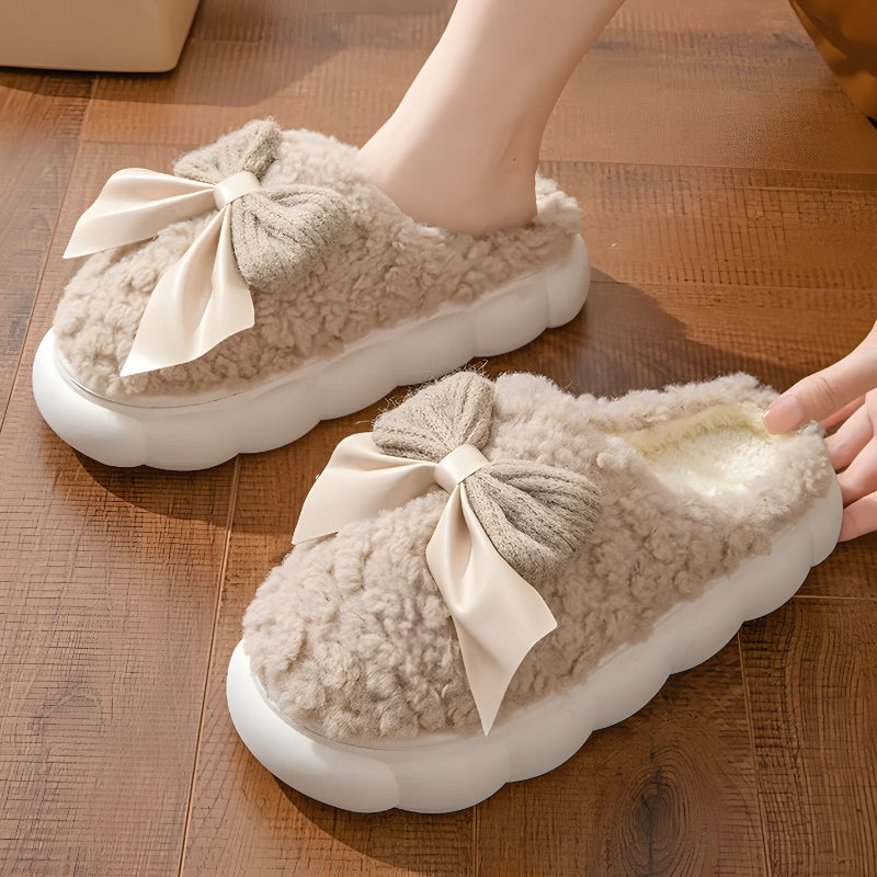 Plush Indoor Slippers With Bow Accent