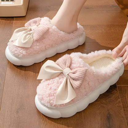 Plush Indoor Slippers With Bow Accent