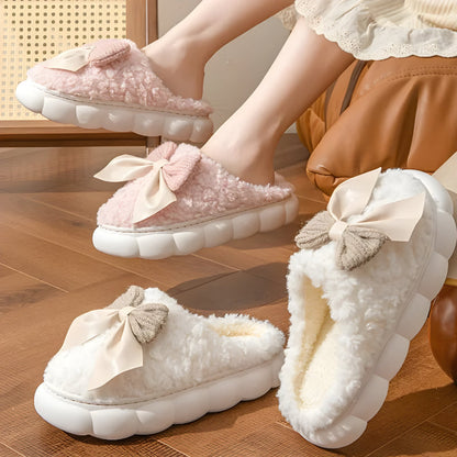 Plush Indoor Slippers With Bow Accent