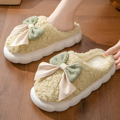 Plush Indoor Slippers With Bow Accent