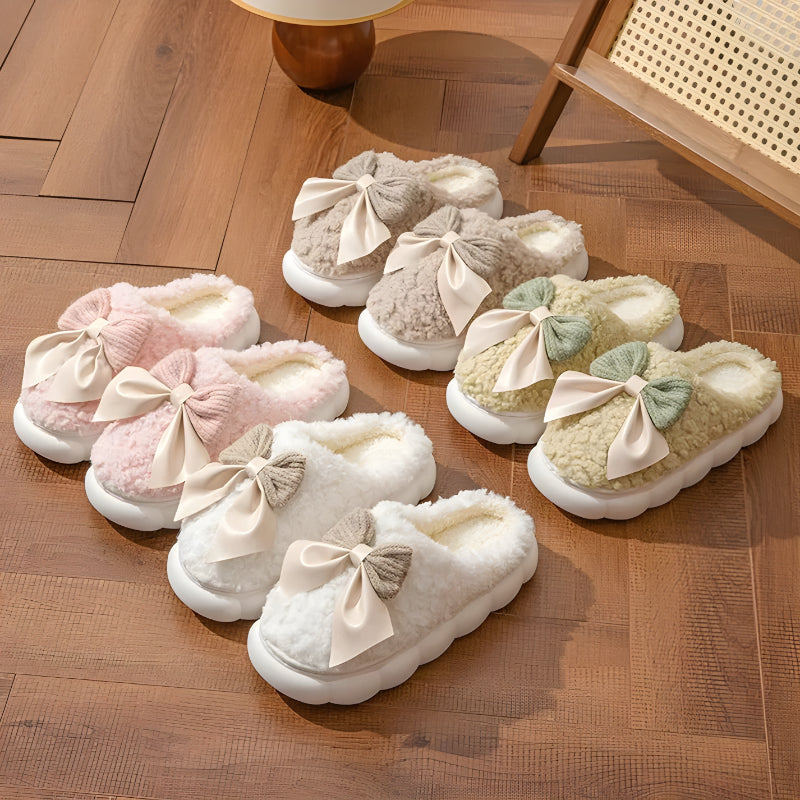 Plush Indoor Slippers With Bow Accent