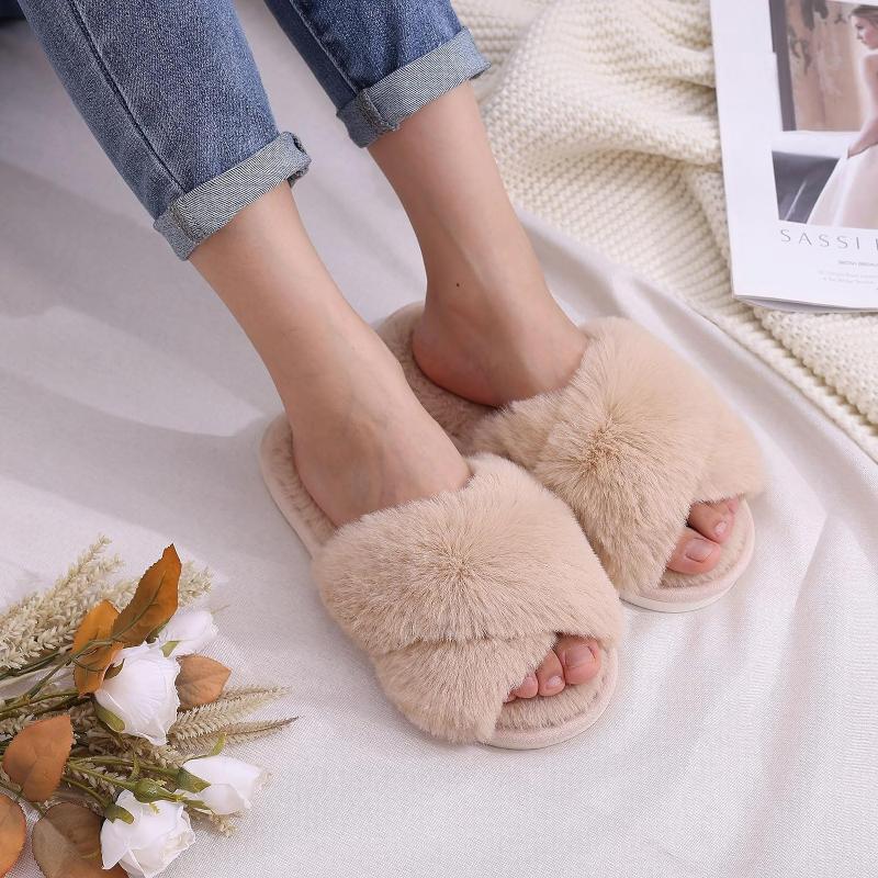 Plush Cross Strap Home Slippers